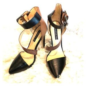 Black & Tan Pointed Ankle strap buckle heel 6.5